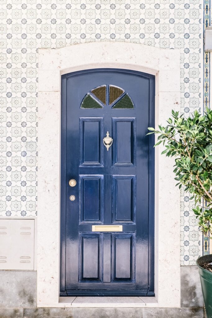 blue front door with plant to side